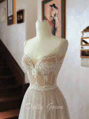 Light Champagne See Through Lace Spaghetti Strap Wedding Dress - DollyGown