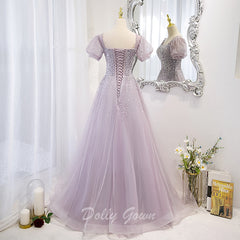 Lilac Bead Square Neck A-line Prom Dress - DollyGown