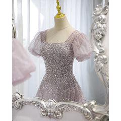 Lilac Bead Square Neck A-line Prom Dress - DollyGown