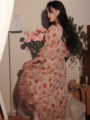 Long Sleeved Retro Style Floral Chiffon Summer Dress- DollyGown
