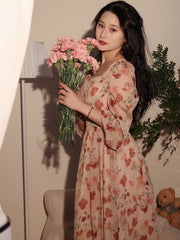 Long Sleeved Retro Style Floral Chiffon Summer Dress- DollyGown