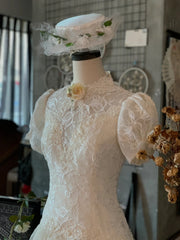 Low Waist High Neck Lace Top Vintage Wedding Dress - DollyGown