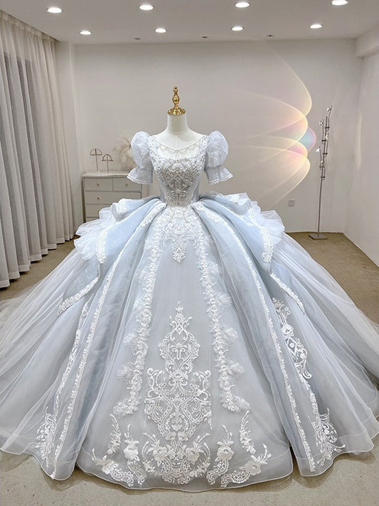 Luxury Pale Blue Princess Cathedral Traditional Victorian Wedding Dress - DollyGown