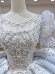 Luxury Pale Blue Princess Cathedral Traditional Wedding Dress - DollyGown
