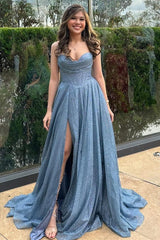 Dusty Blue Glitter Cowl Neck Corset Lace-Up Bodice A-Line Long Prom Dress - DollyGown