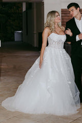 White Appliques Strapless A-Line Long Sheer Prom Dress - DollyGown