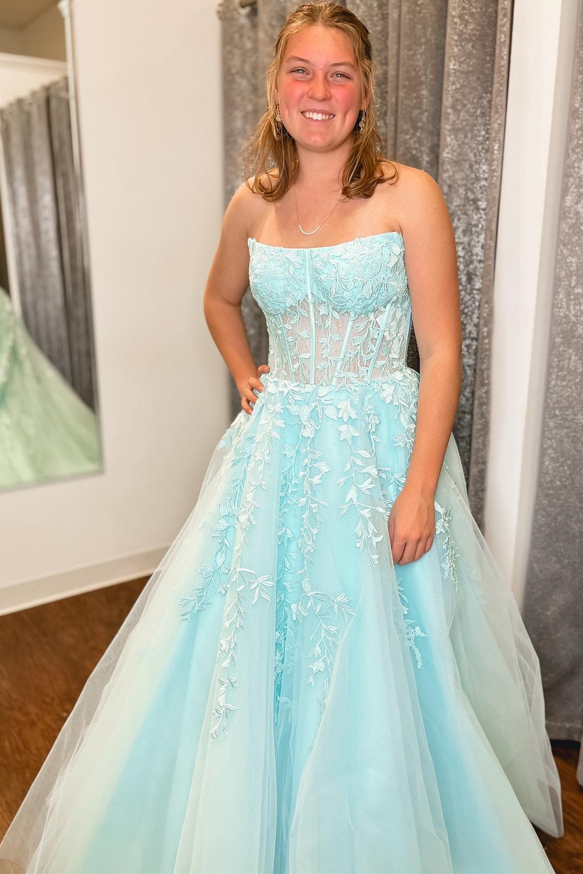 Aqua Blue Appliques Strapless A-Line Long Sheer Prom Dress - DollyGown