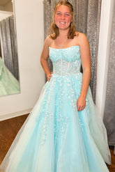 Aqua Blue Appliques Strapless A-Line Long Sheer Prom Dress - DollyGown