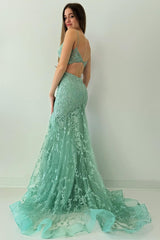 Sage Green Lace Mermaid Open Back Long Prom Dress - DollyGown