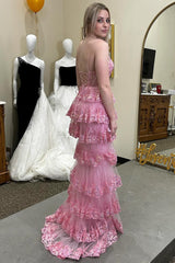 Pink Glitter Lace-Up Ruffle Lace Tiered Long Dress with Slit - DollyGown