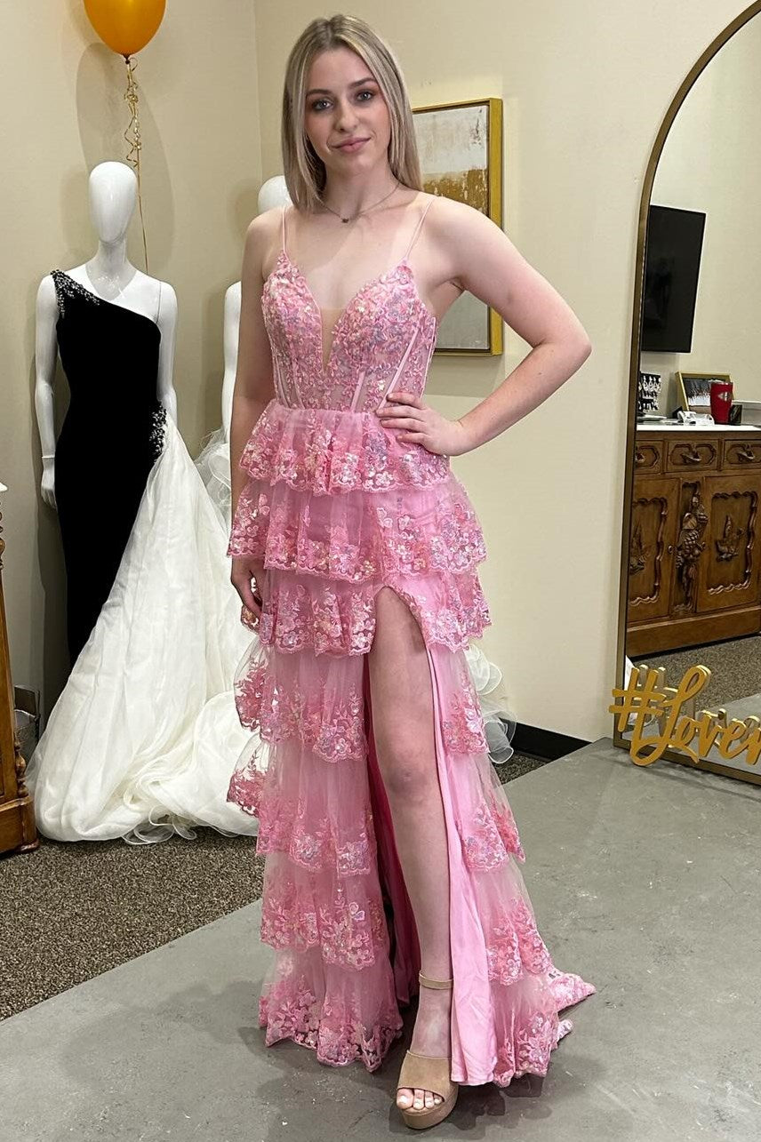 Pink Glitter Lace-Up Ruffle Lace Tiered Long Dress with Slit - DollyGown