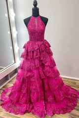 Fuchsia Halter Keyhole Glitter Lace Ruffle Tiered Prom Gown with Side Slit - DollyGown