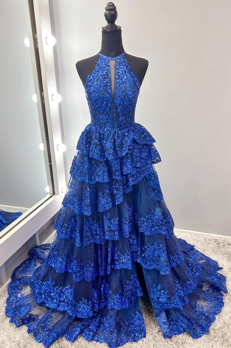 Royal Blue Halter Keyhole Glitter Lace Ruffle Tiered Prom Gown with Side Slit - DollyGown