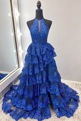 Royal Blue Halter Keyhole Glitter Lace Ruffle Tiered Prom Gown with Side Slit - DollyGown