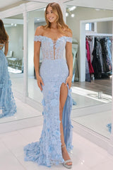 Light Blue Lace Off-the-Shoulder Corset Sheer Long Formal Dress with Slit - DollyGown