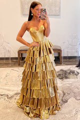 Metallic Gold Strapless Ruffle Tiered Prom Dress - DollyGown