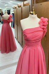 Watermelon One Shoulder Organza Prom Dress - DollyGown