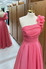 Watermelon One Shoulder Organza Prom Dress - DollyGown