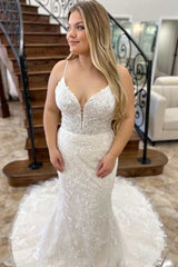 Mermaid Lace Spaghetti Straps Wedding Dress for Curvy Brides - DollyGown
