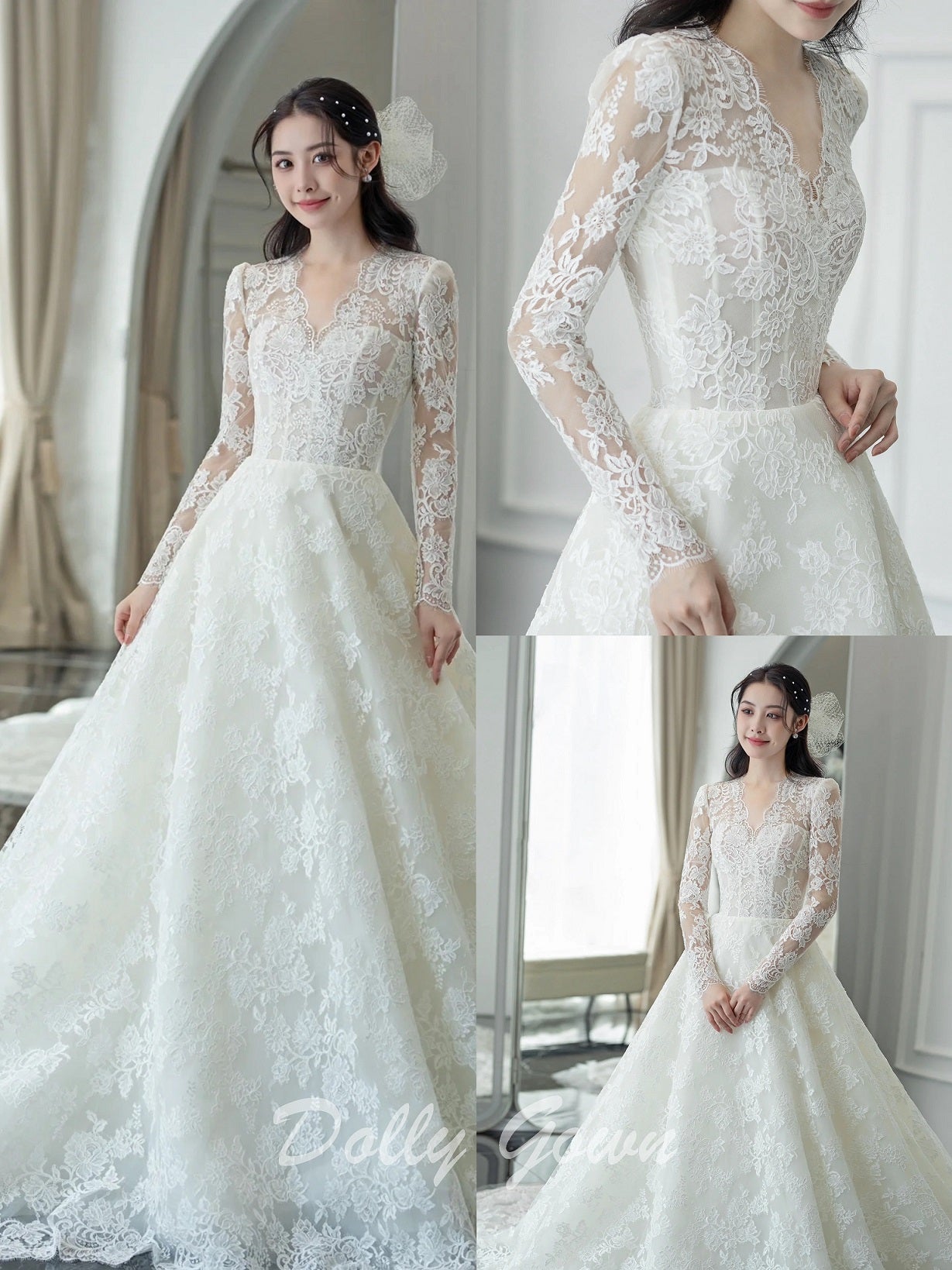 Ball Gown Lace Bridal Dress Modest Lace Long Sleeves Wedding