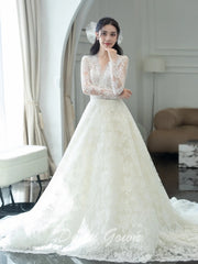 Modest Long Sleeve V-Neck A-line Lace Wedding Dress - DollyGown