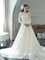 Modest Long Sleeve V-Neck A-line Lace Wedding Dress - DollyGown