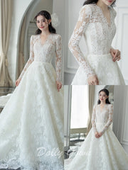 Modest Long Sleeve V-Neck A-line Lace Wedding Dress - DollyGown