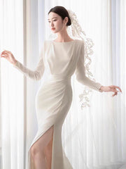 Modest Simple Long Sleeves Silk Wedding Dress with Side Slit