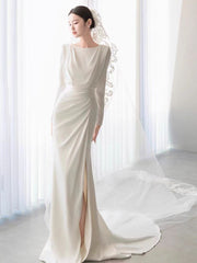 Modest Simple Long Sleeves Silk Wedding Dress with Side Slit