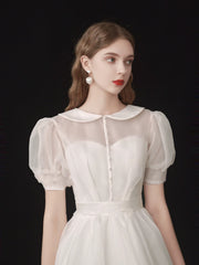 Modest Organza Tea Length 50s Wedding Dress with Short Sleeves - DollyGown