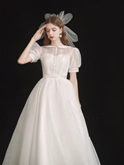 Modest Organza Tea Length 50s Wedding Dress with Short Sleeves - DollyGown