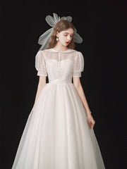 Modest Organza Tea Length 50s Wedding Dress with Short Sleeves - DollyGown