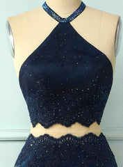 Navy Blue Halter Two Piece Long Fitted Prom Dress with Slit - DollyGown