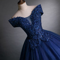 Navy Blue Off the Shoulder Puffy Quinceanera Dress Trimmed with Lace Appliques - DollyGown
