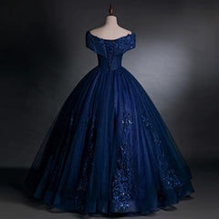 Navy Blue Off the Shoulder Puffy Quinceanera Dress Trimmed with Lace Appliques - DollyGown