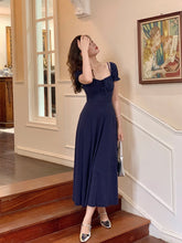 Navy Blue Square Neck Summer Dress with Short Sleeves - DollyGown