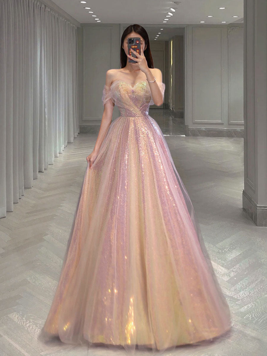 Unique Sweetheart Neck Tulle Sequin Long Prom Dress for Women
