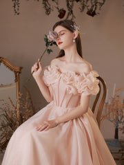 Elegant Pink Tulle Off-Shoulder Tea-Length Prom Dress with Lace Up Back