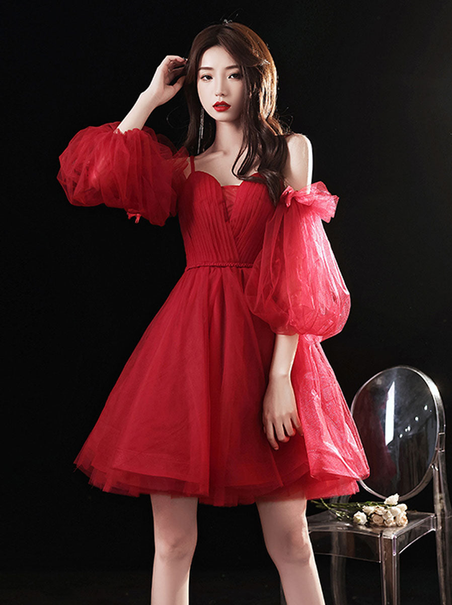 Elegant Red Sweetheart Neck Tulle Short Prom Dress for Homecoming