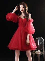 Elegant Red Sweetheart Neck Tulle Short Prom Dress for Homecoming