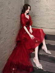 Elegant Burgundy High-Low Tulle Lace Prom Dress with Built-In Bra