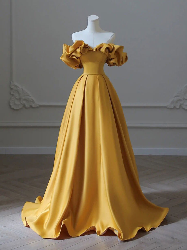Stunning Satin Yellow Aline Prom Dress For Formal Events And Parties