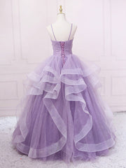 Elegant Purple V‑Neck Tulle Sequin Floor‑Length Prom Dress