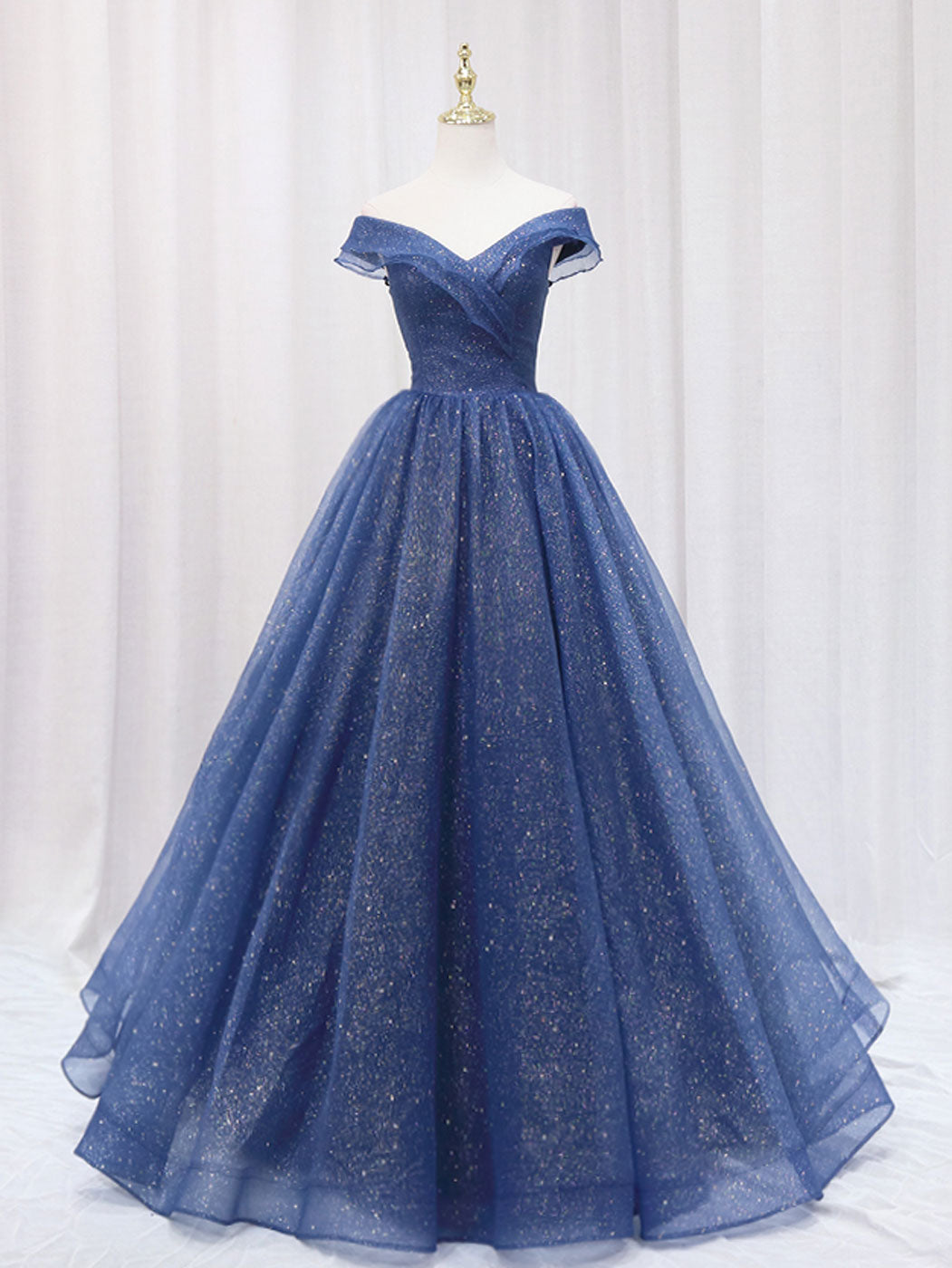 Dark Blue A-Line Off Shoulder Long Prom Dress Shiny Tulle