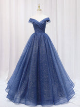 Dark Blue A-Line Off Shoulder Long Prom Dress Shiny Tulle