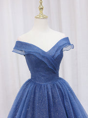Dark Blue A-Line Off Shoulder Long Prom Dress Shiny Tulle