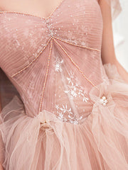 Pink Sweetheart Neck Tulle Long Prom Dress For Sweet 16