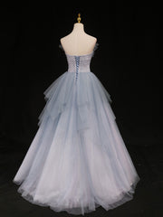 Elegant Blue Tulle Long Prom Gown Sweetheart Neck Formal Dress