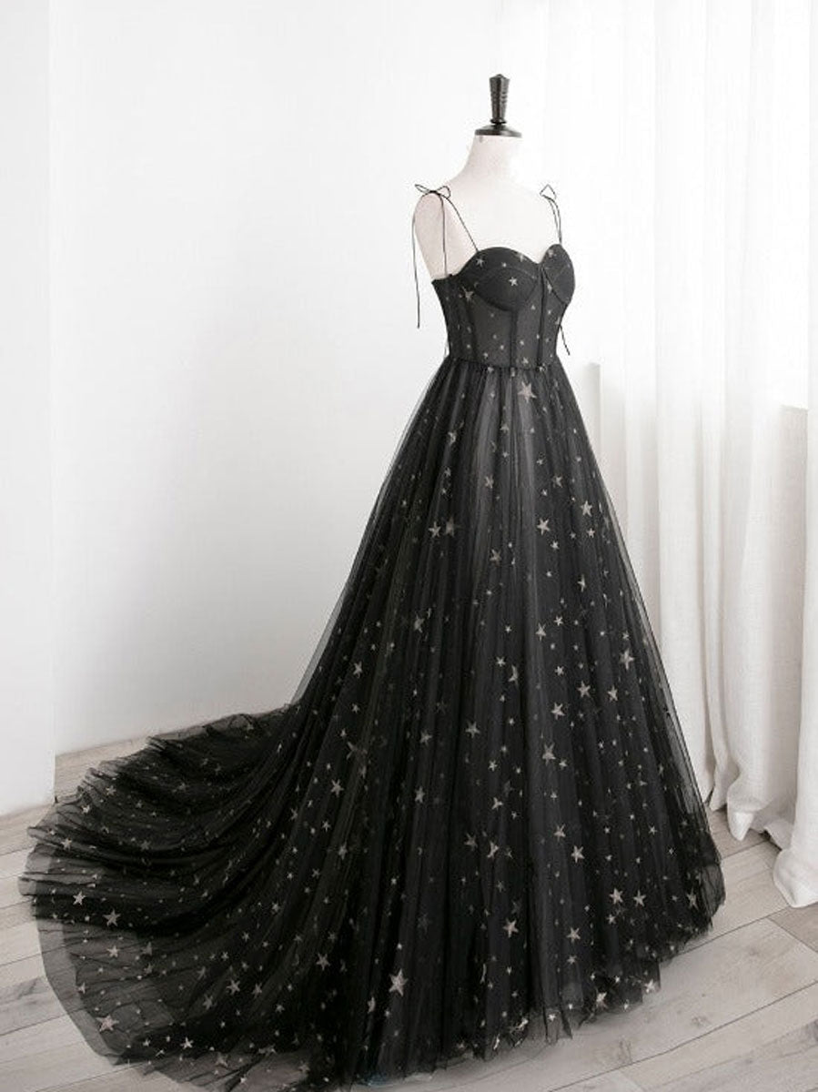 Black Tulle A Line Sweetheart Neck Long Prom Evening Dress