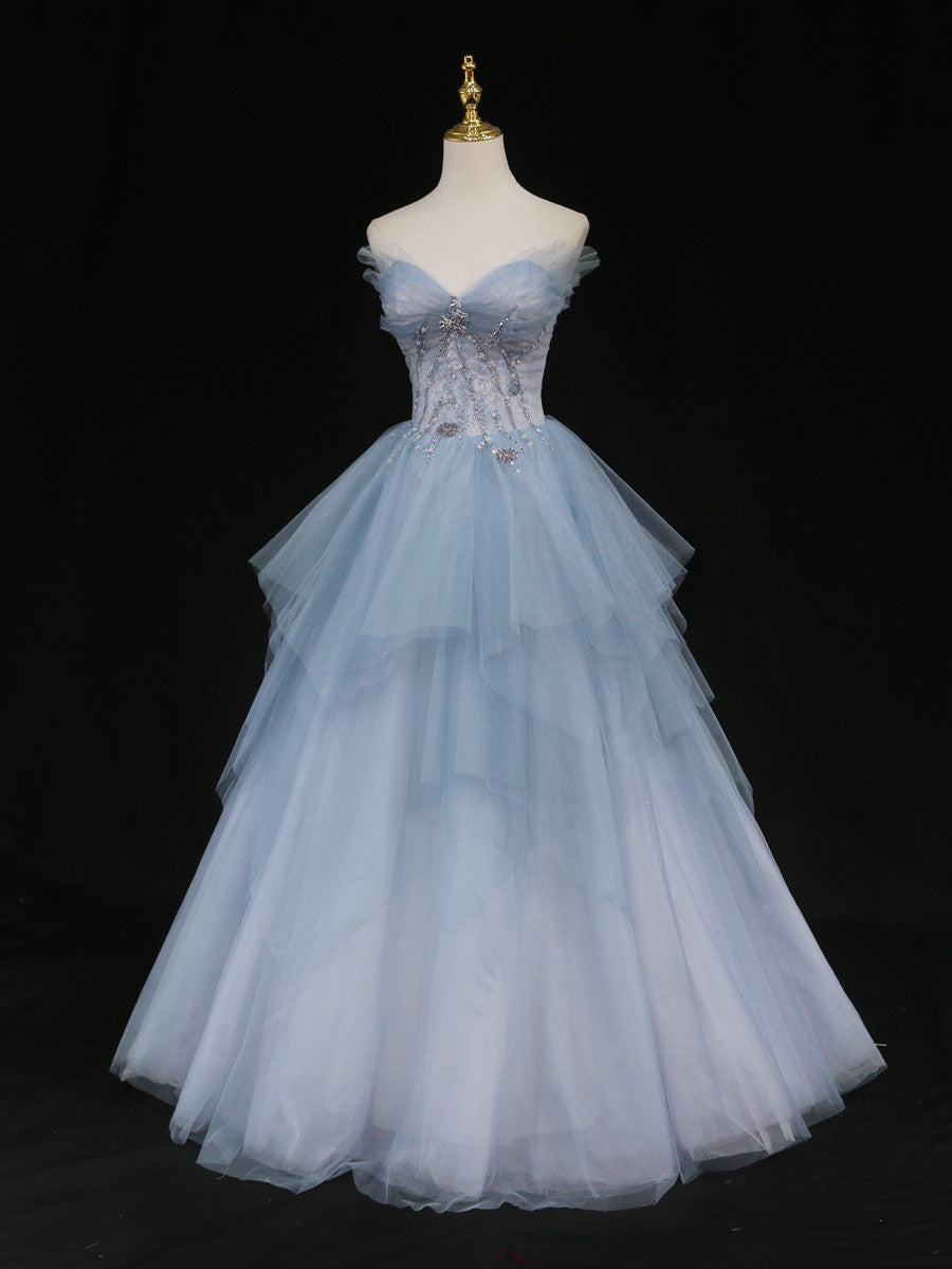 Elegant Blue Tulle Long Prom Gown Sweetheart Neck Formal Dress
